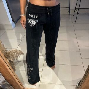 BCBG vintage Y2K low rise black velour sweatpants Small metallic silver design